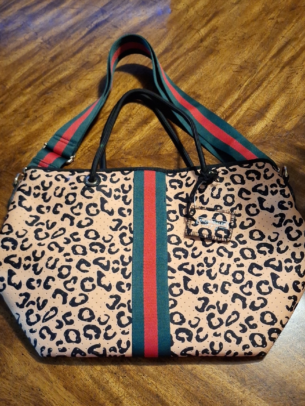 Thomas & Lee Company Leopard Print Tote with Green & Red Center Stripe